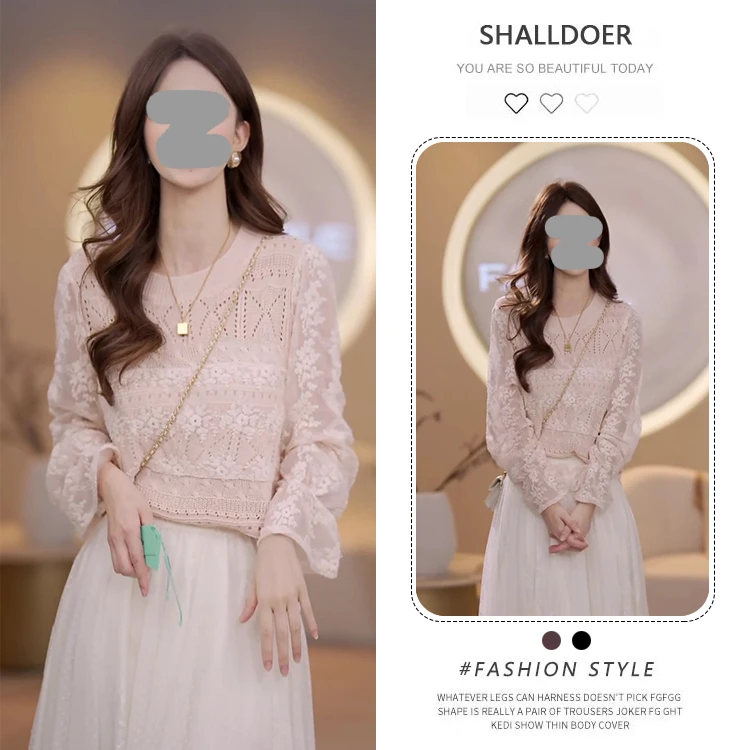 2025秋季蕾丝拼接重工圆领长袖气质上衣休闲小衫设计感小众时尚