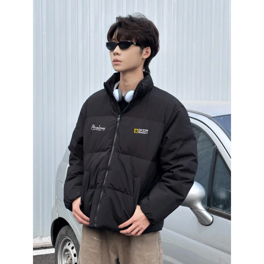 美式时尚嘻哈潮牌高街字母面包棉服男款冬季保暖宽松立领黑色棉衣