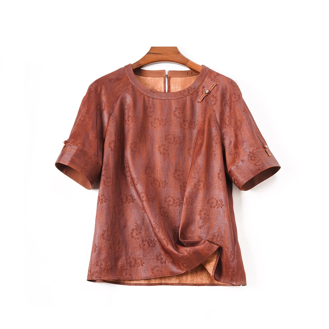 琸娅红云纱花罗国风高端女装新中式百搭宽松92%桑蚕丝真丝T恤.