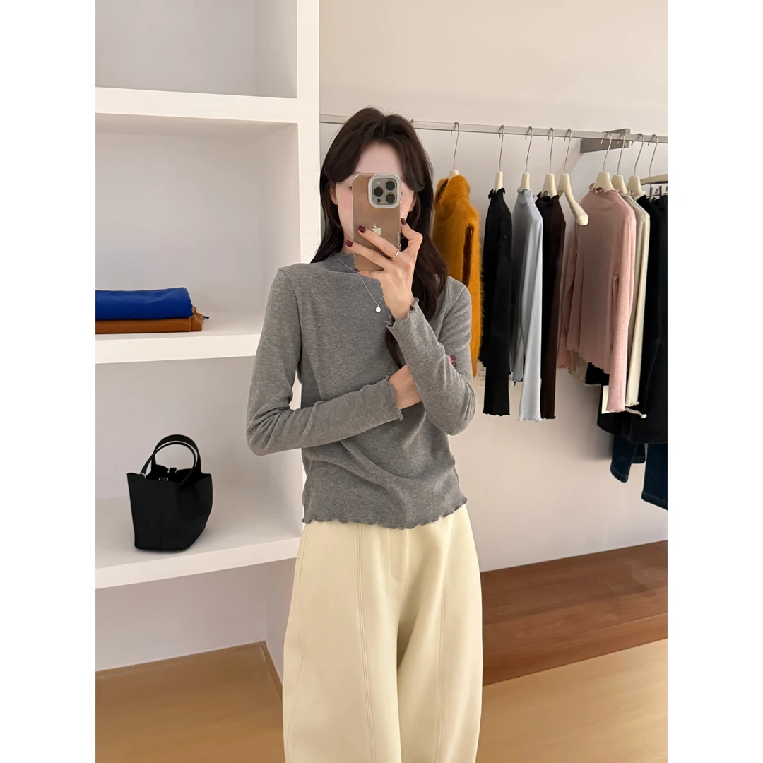 26070#半高领内搭女长袖木耳花边打底上衣