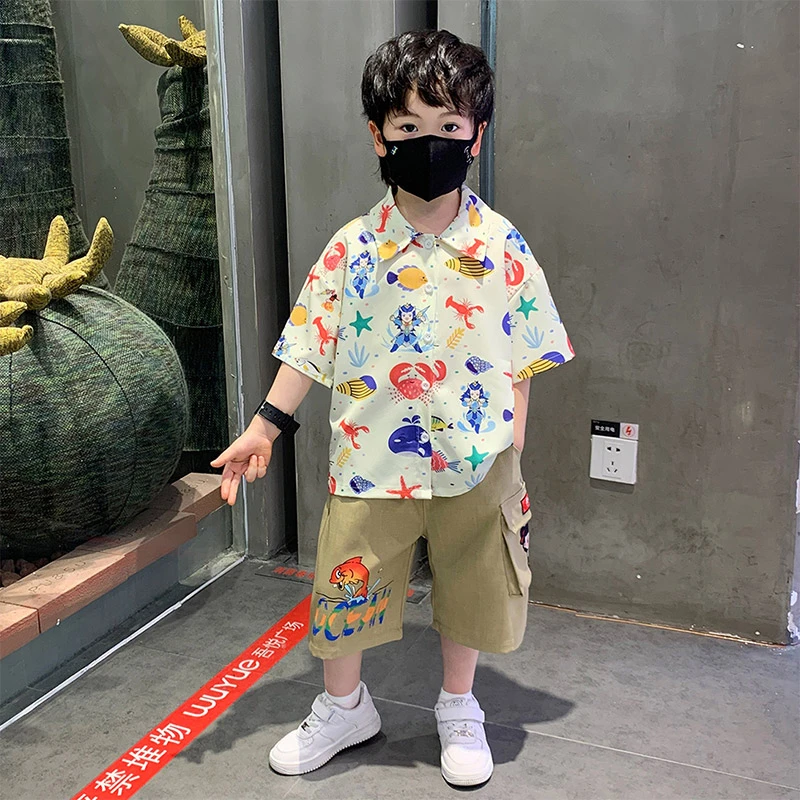 男童夏季套装2025新款潮流衬衫中小童宽松夏装酷帅哪吒短袖两件套