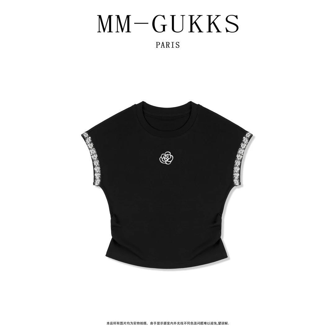 明明GUKKS『山茶半岛』夏季新款重工法式亮片短袖T恤设计师款