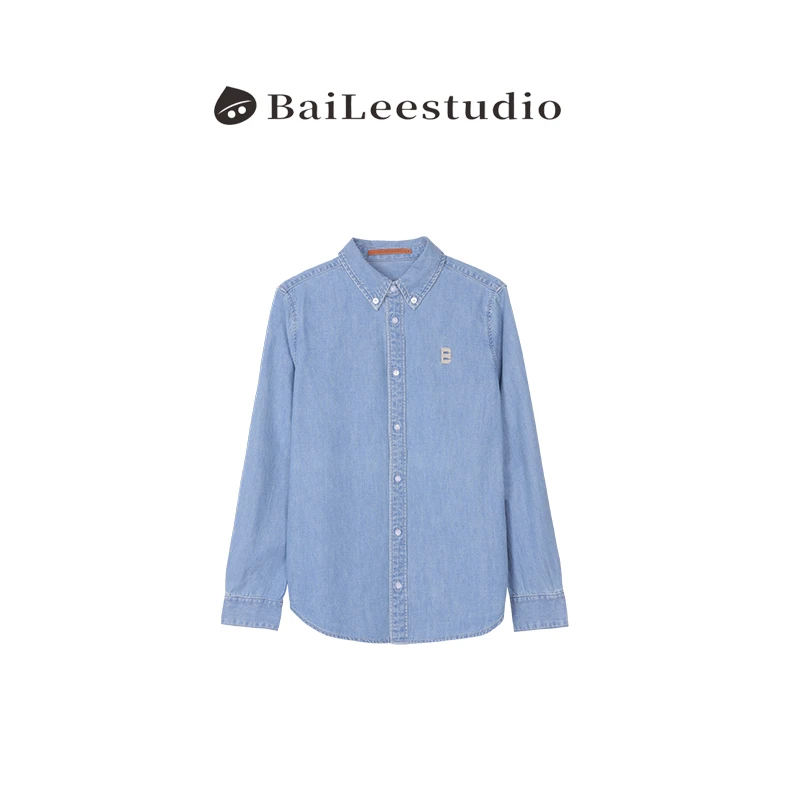 【柏栗良品】秋季新品~韩范简约百搭翻领字母长袖牛仔衬衫1003