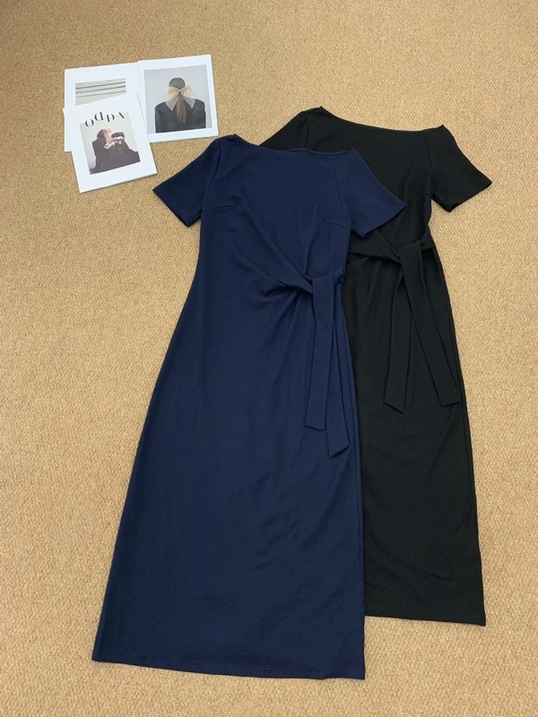 A28165纯色短袖常规高腰侧绑带裙夏季连衣裙女士显瘦