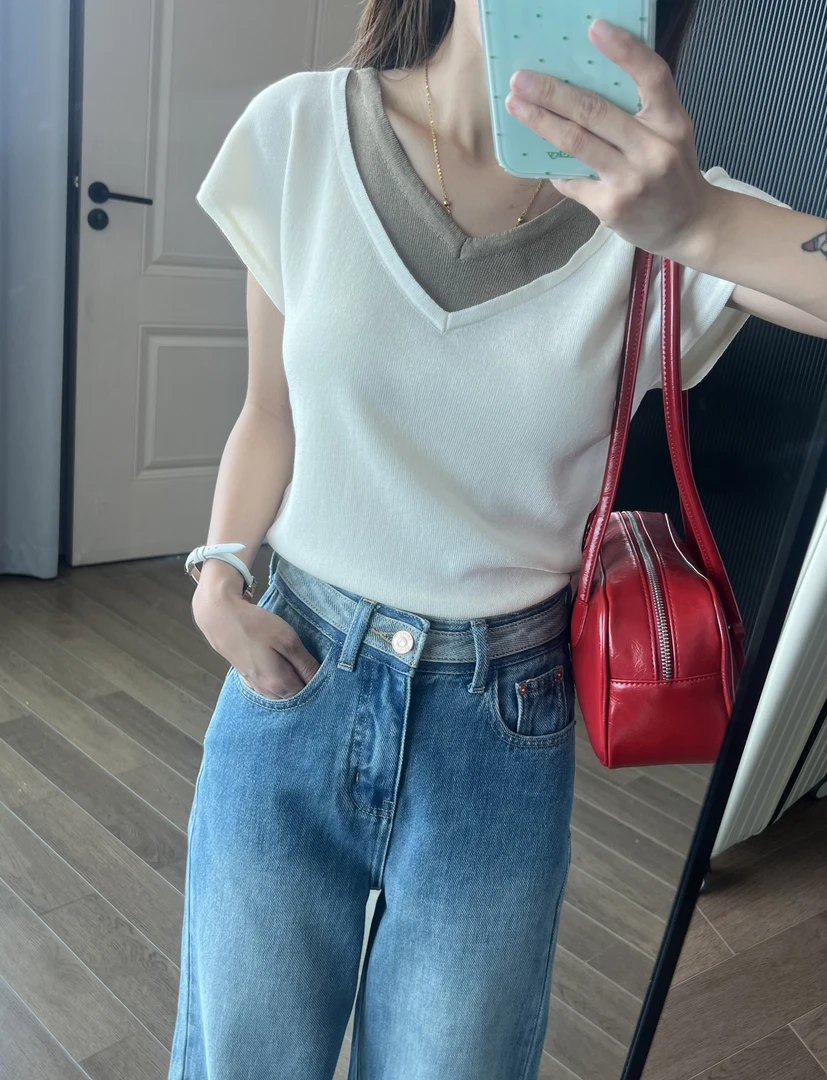 显瘦针织短款夏季小众修身设计感t恤6446