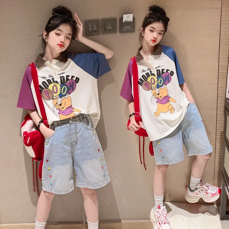 女童夏装拼色短袖t恤2025新款爆款洋气中大童polo衫宽松休闲上衣T