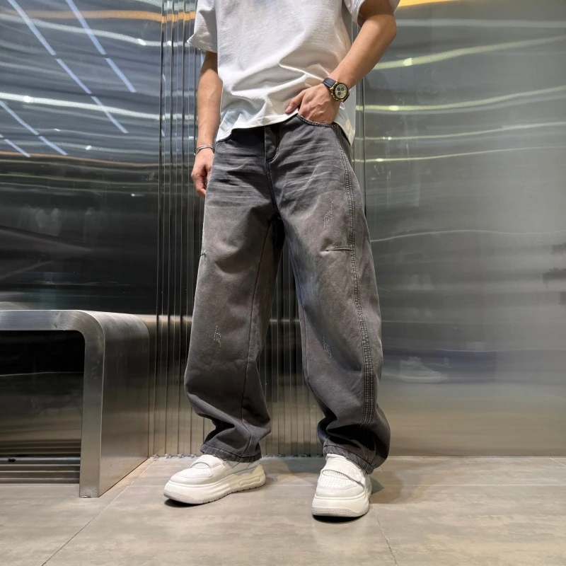 冬季加绒美式直筒宽松男款休闲裤水洗磨破复古百搭做旧男款裤子