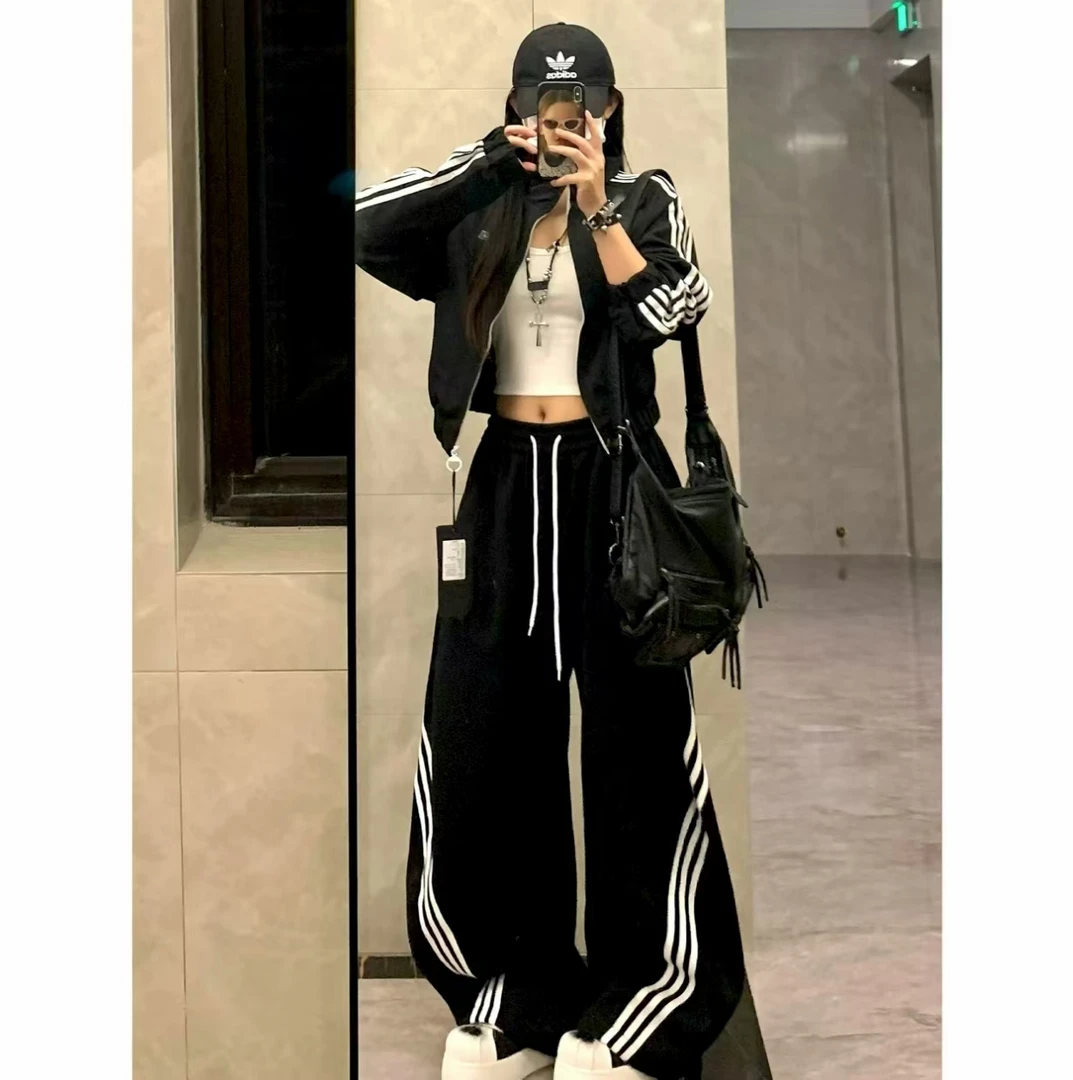黑色复古运动三条杠宽松休闲条纹阔腿裤女2025秋季裤子垂感嘻哈风