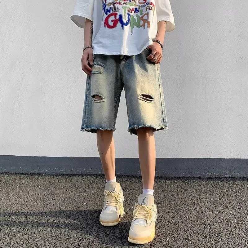夏季薄款五分牛仔短裤男韩版潮流破洞修身休闲潮牌裤子男5分马裤
