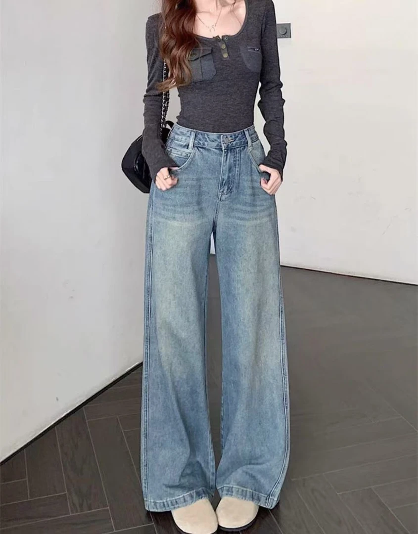 8951复古休闲阔腿牛仔裤女春季宽松显瘦百搭直筒长裤
