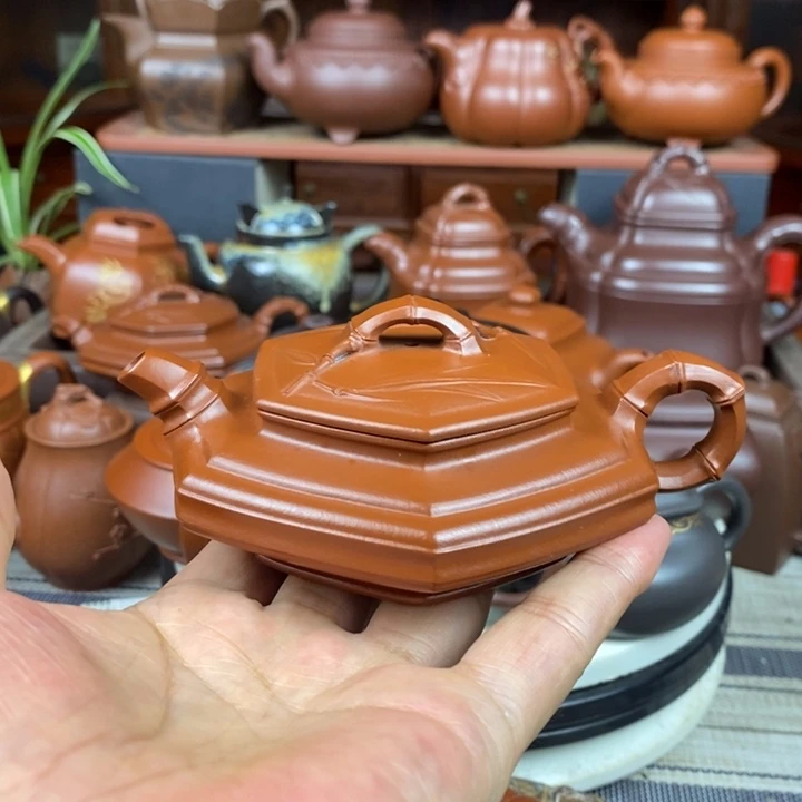 茶壶紫砂六方扁竹150cc原矿赵庄朱泥特价