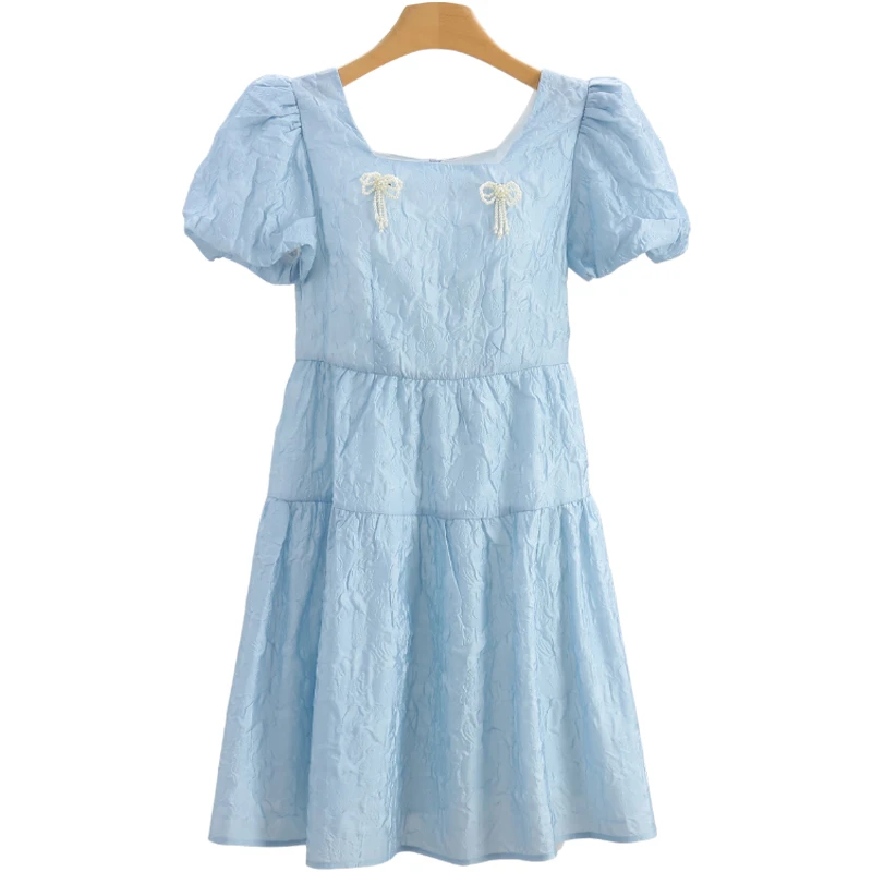 F556-伍莎服饰云仓【香】泡泡袖褶皱蝴蝶结连衣裙#BXG56L020