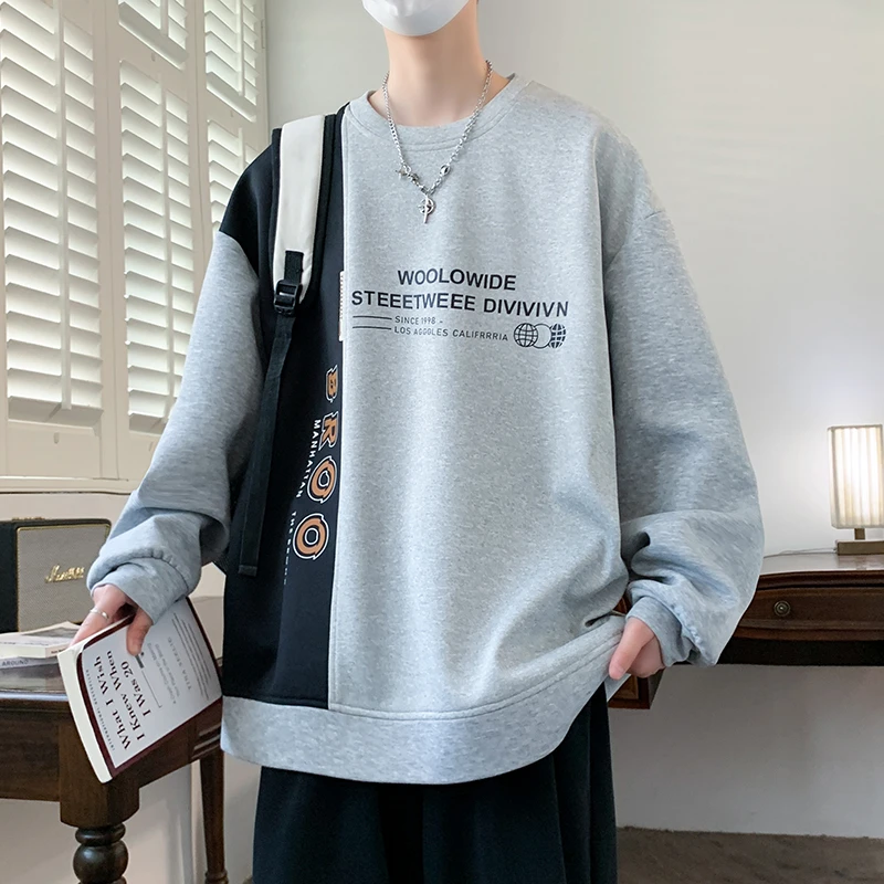 春秋季青少年重磅圆领卫衣男春秋款撞色拼接长袖宽松时尚休闲上衣