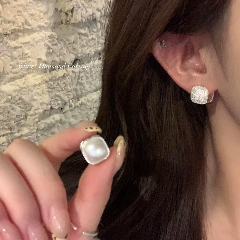 铜合金耳饰 A-77方糖珠珠耳环女轻奢高级感耳饰独特双面耳扣耳钉