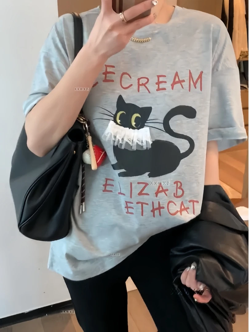 灰色网红洋气炸街女装短袖女款爆款2025新款小个子宽松印花上衣潮