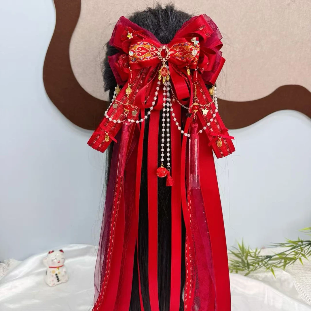 《满庭芳》酒红色新年款原创手工蝴蝶结汉服中国风配饰头饰发夹