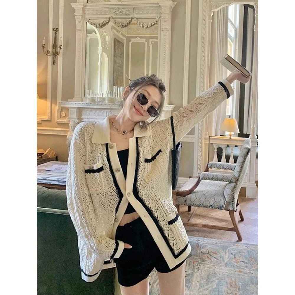 韩系小香风镂空针织开衫毛衣外套女春秋2025秋季新款宽松慵懒上衣