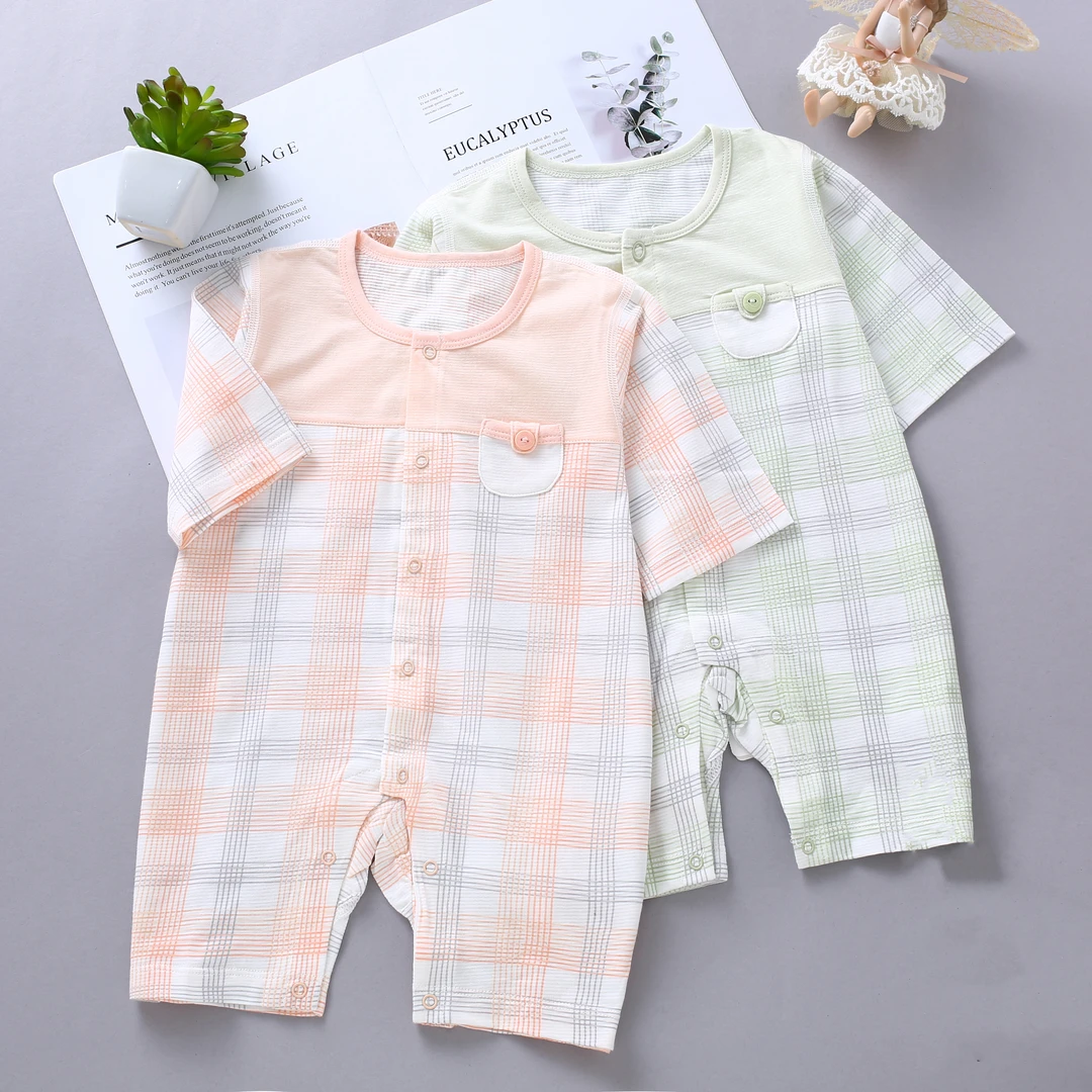 婴幼儿宝宝夏季轻薄透气连身衣纯棉爬服牙签条格子
