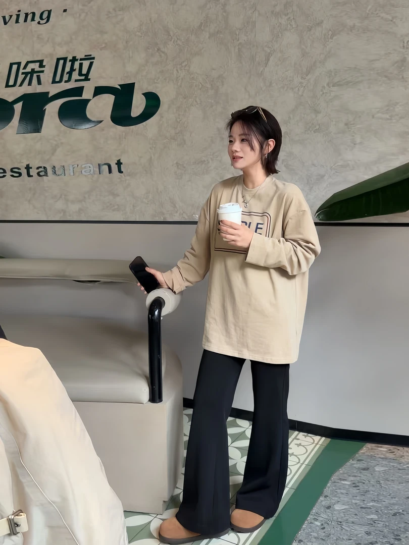 XUZI YU.小个子定制字母印花长袖T恤女宽松圆领百搭休闲7730-T162