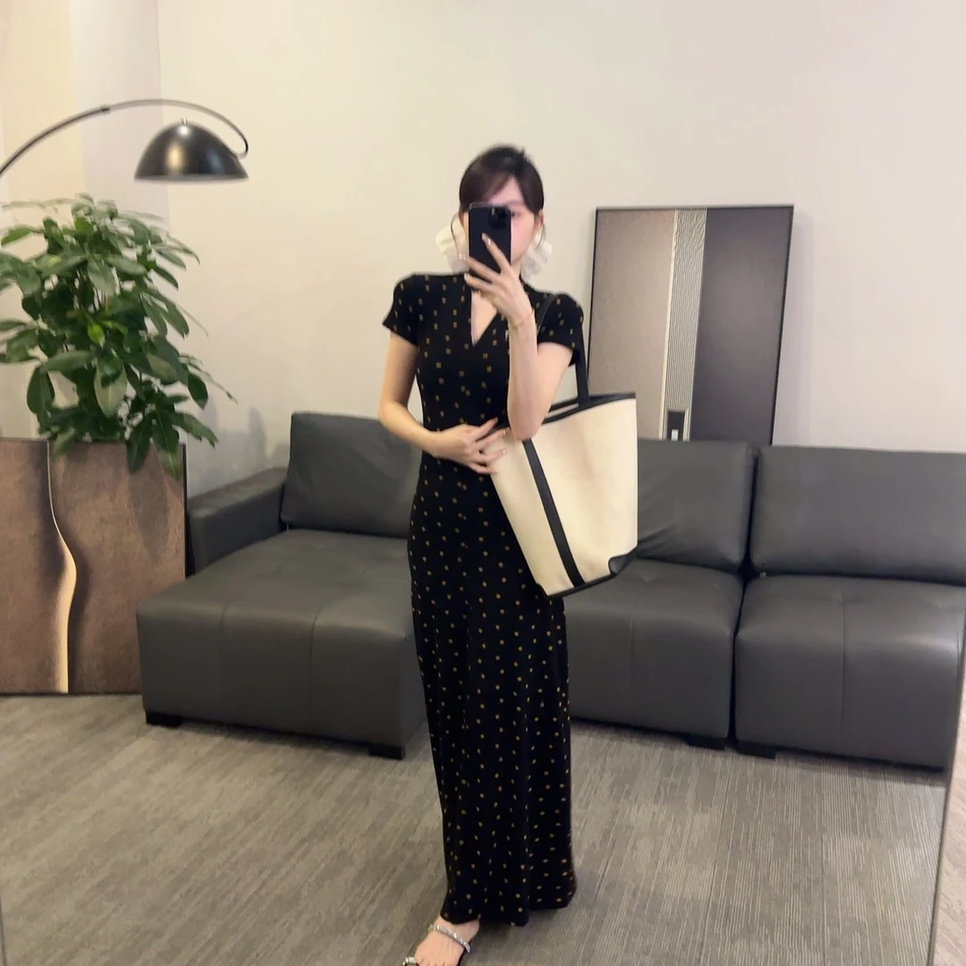 【OS&oneshow】高弹力收腰高腰夏季长裙V领套头显瘦小个子连衣裙