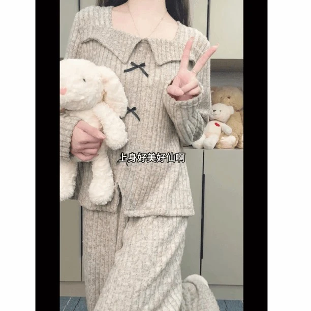 胖MM秋冬季气质雾霾咖休闲宽松加厚长袖长裤300斤可穿套装家居服