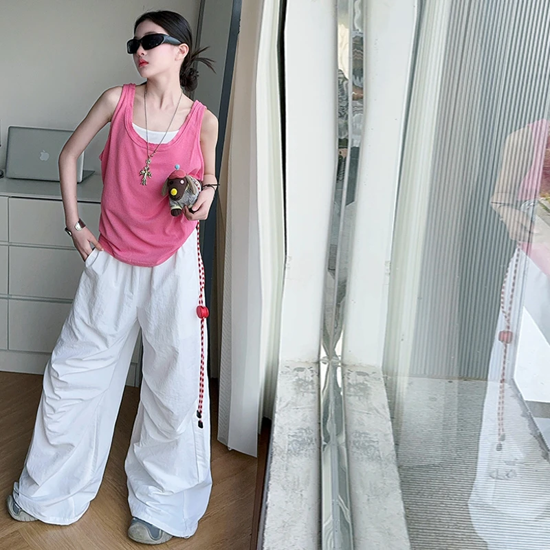 女童套装百搭背心叠穿薄款宽松镂空上衣简约阔腿裤三件套2025夏新