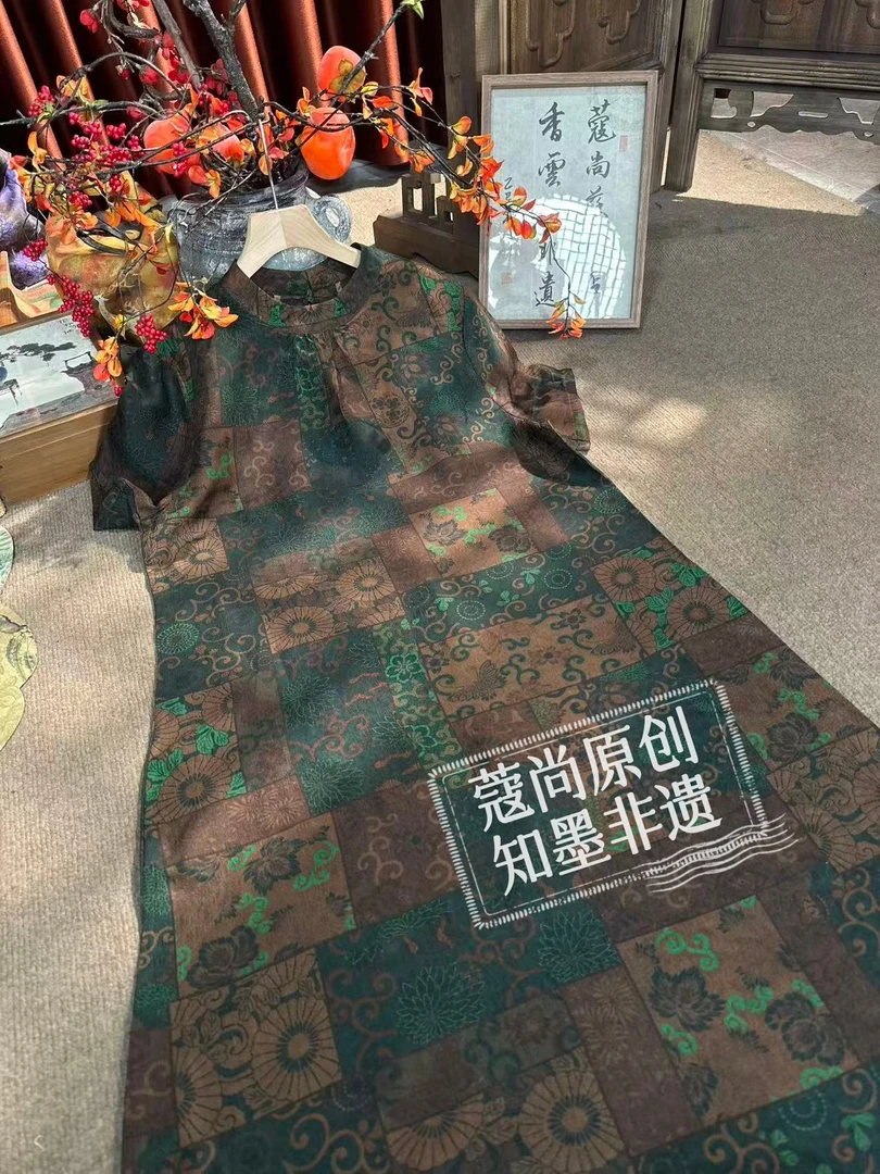 冬季新款新中式国风款宽松显瘦立领绿野仙踪提花短袖连衣裙