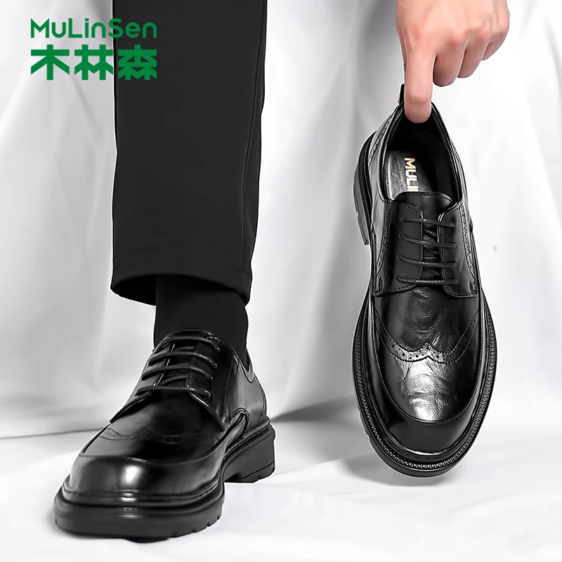木林森休闲皮鞋男款2025新款英伦风商务正装德比鞋结婚布洛克男鞋