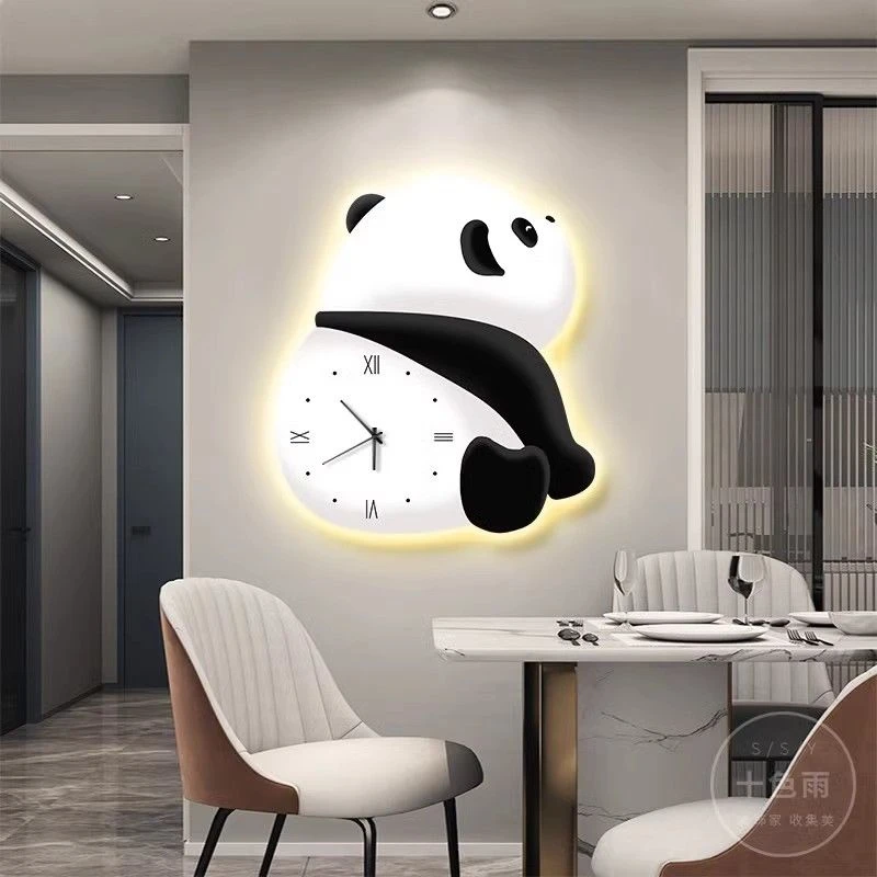 网红熊猫挂钟客厅钟表挂墙餐厅装饰画家用挂画创意时钟q13