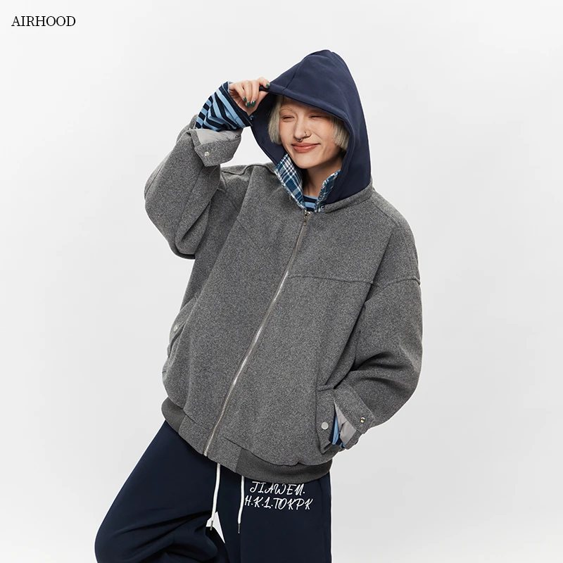 AIRHOOD 格纹连帽假两件夹克男女复古街头宽松休闲情侣外套9342