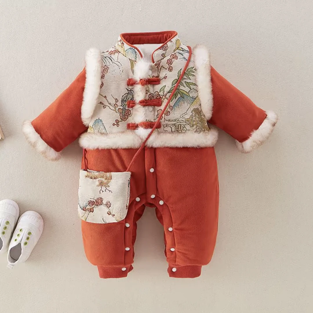 锦缎拼毛边连体衣爬爬服拜年周岁礼服洋气喜庆婴儿满月百天外出服