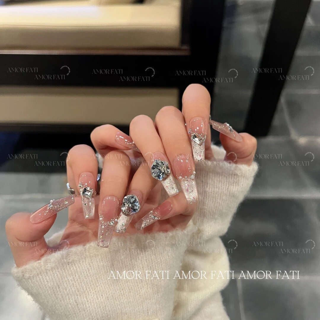 【冰莓式】氛围感爆闪渐变蜜桃色纯手工穿戴甲LU