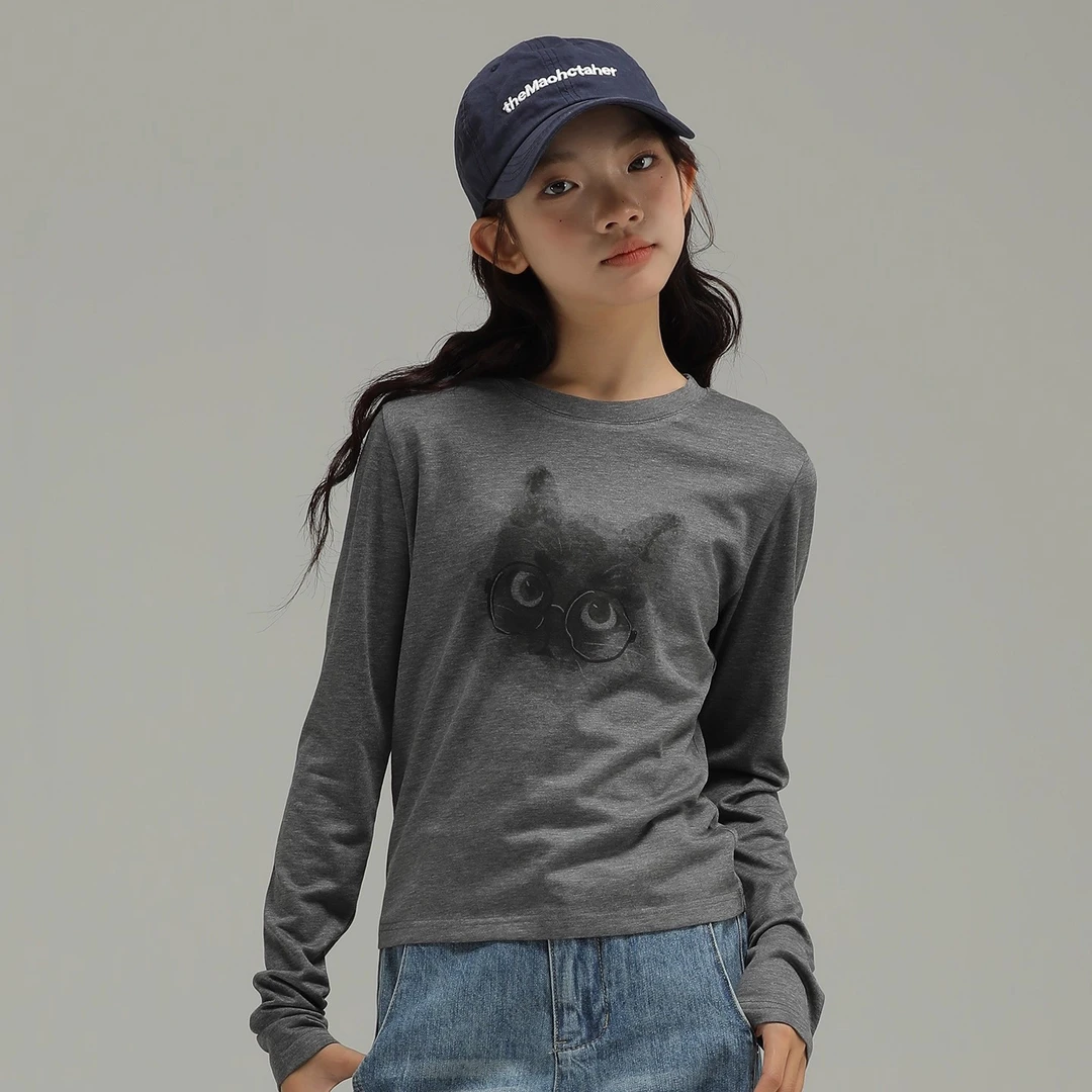 小女森女童春秋灰色印花长袖T恤儿童圆领休闲时尚内搭打底上衣潮