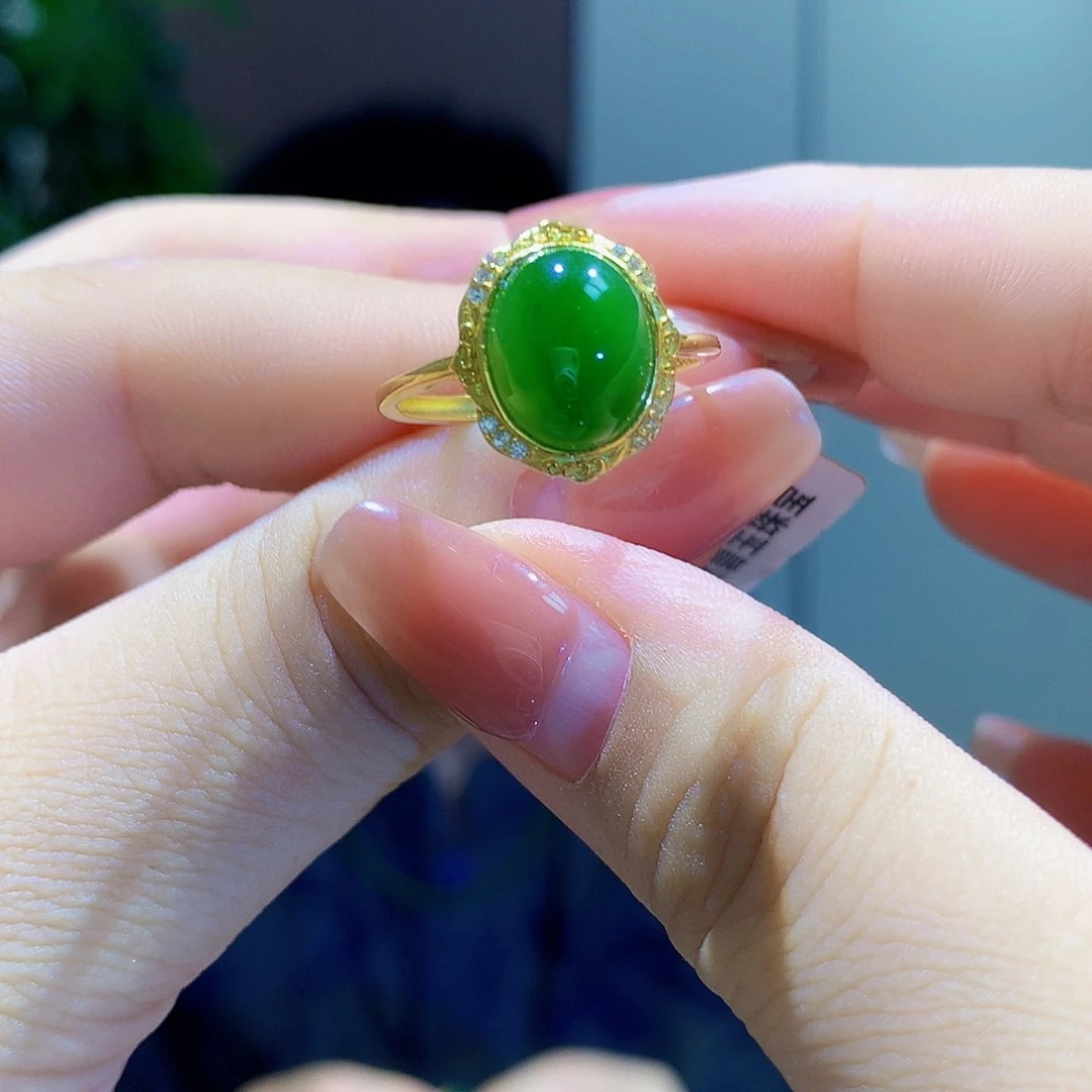 和田玉（碧玉）戒指银S925镀金镶嵌