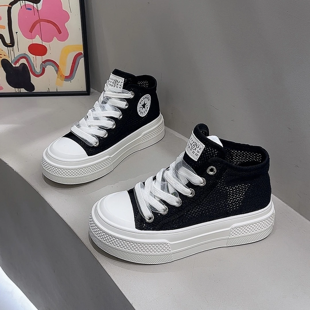 夏季网鞋女透气网面2025新款薄款百搭学生潮流休闲板鞋厚底高帮鞋