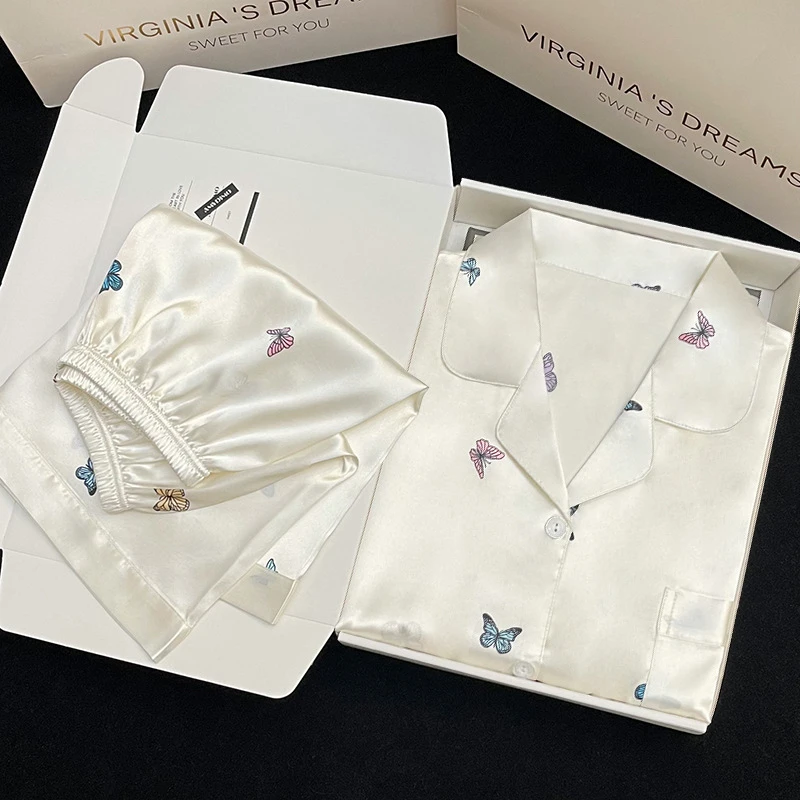 2025夏季新款高级感冰丝睡衣女蝴蝶印花短袖家居服套装可外穿