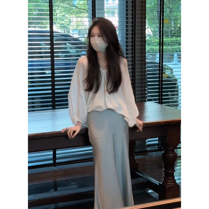 禅意气质款女装法式气质露背薄款V领上衣夏季高腰显瘦A字半身裙