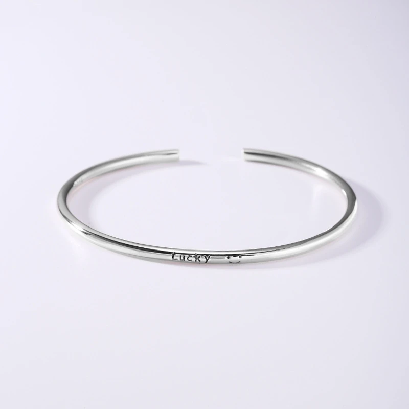 925银手镯 纯银LUCKY字母笑脸手镯女简约时尚幸运微笑开口银镯子