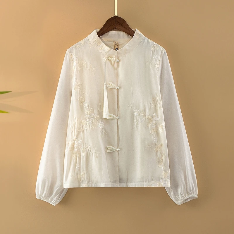 【夏茉白茶】春夏2025新款上衣小衫女装新中式国风立领绣花长袖衬衫