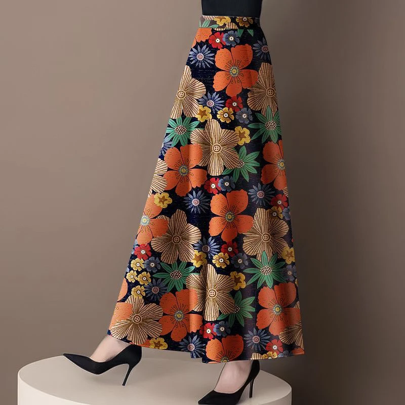 休闲中国风高腰都市风半身裙裙子中长款夏季印花花色中老年薄款