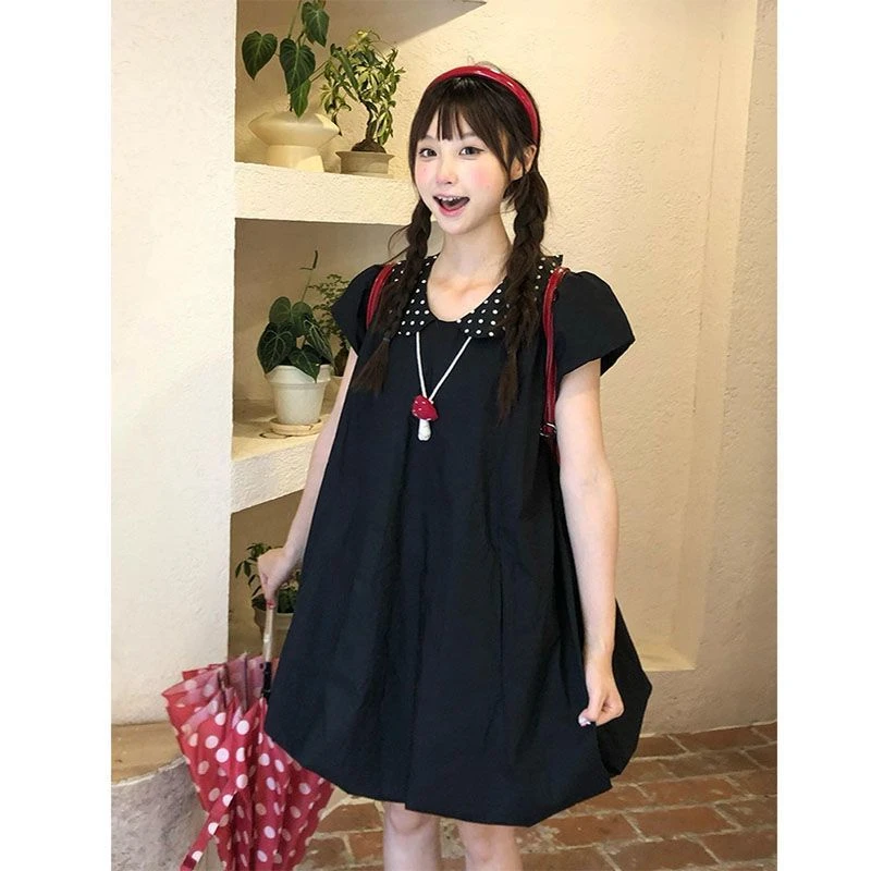 日系甜美波点花苞连衣裙女夏季新款设计感学院风娃娃领黑色衬衫裙