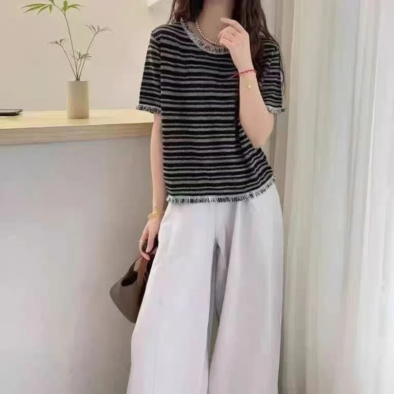 复古条纹流苏短袖T恤女2025独特超好看夏季显瘦正肩上衣