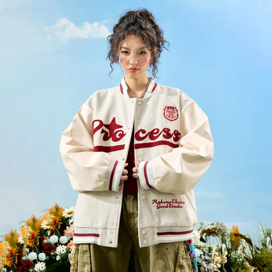Nuthink美式复古棒球服夹克外套开衫撞色字母刺绣男女2025秋新款