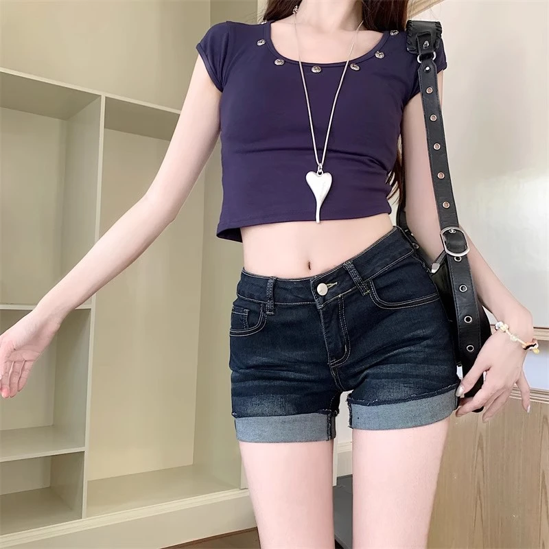 【加长3CM】美式辣妹低腰性感超短裤牛仔裤女夏季设计感卷边短裤子