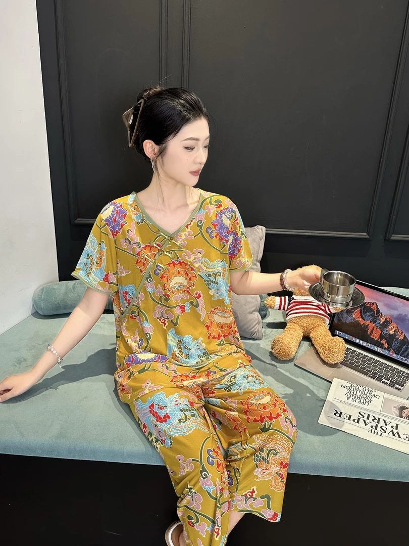 夏季国风睡衣清凉冰丝大码显瘦女士葫芦短袖九分裤家居服套装#509