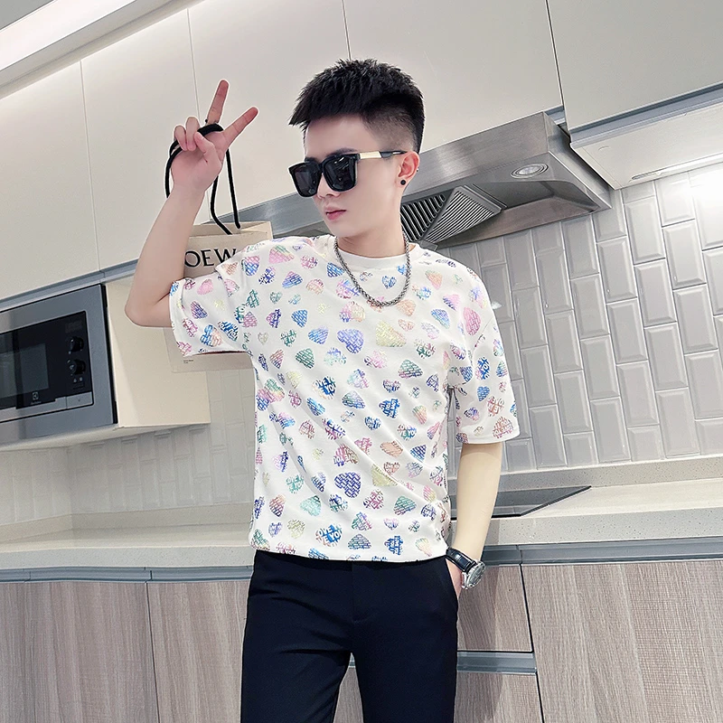 男士短袖t恤夏季2025新款爆款高级感潮牌痞帅炫彩印花半袖体恤薄