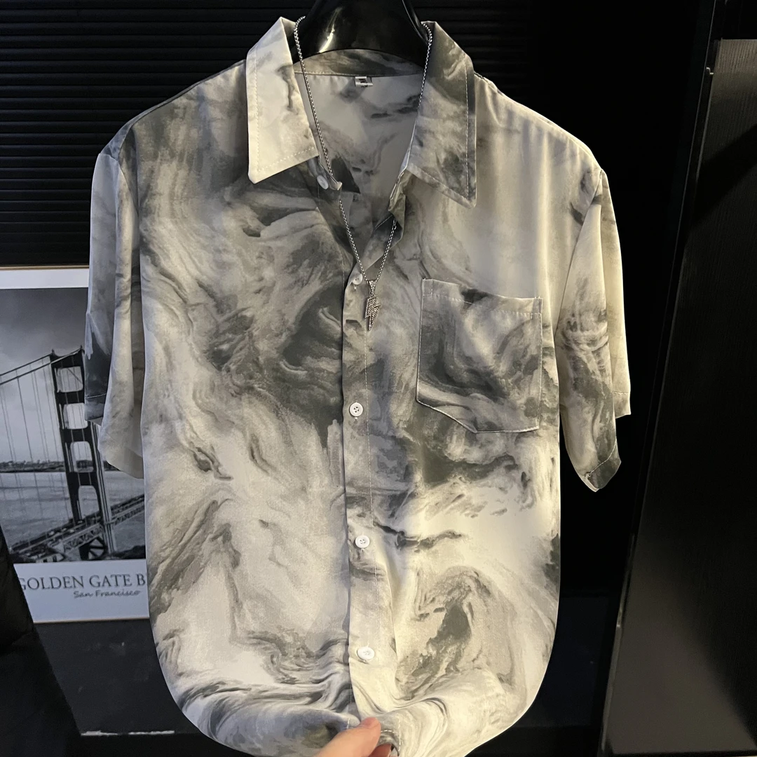 夏威夷沙滩-2025夏季新款衬衫男短袖美式复古扎染高级感痞帅冰丝H