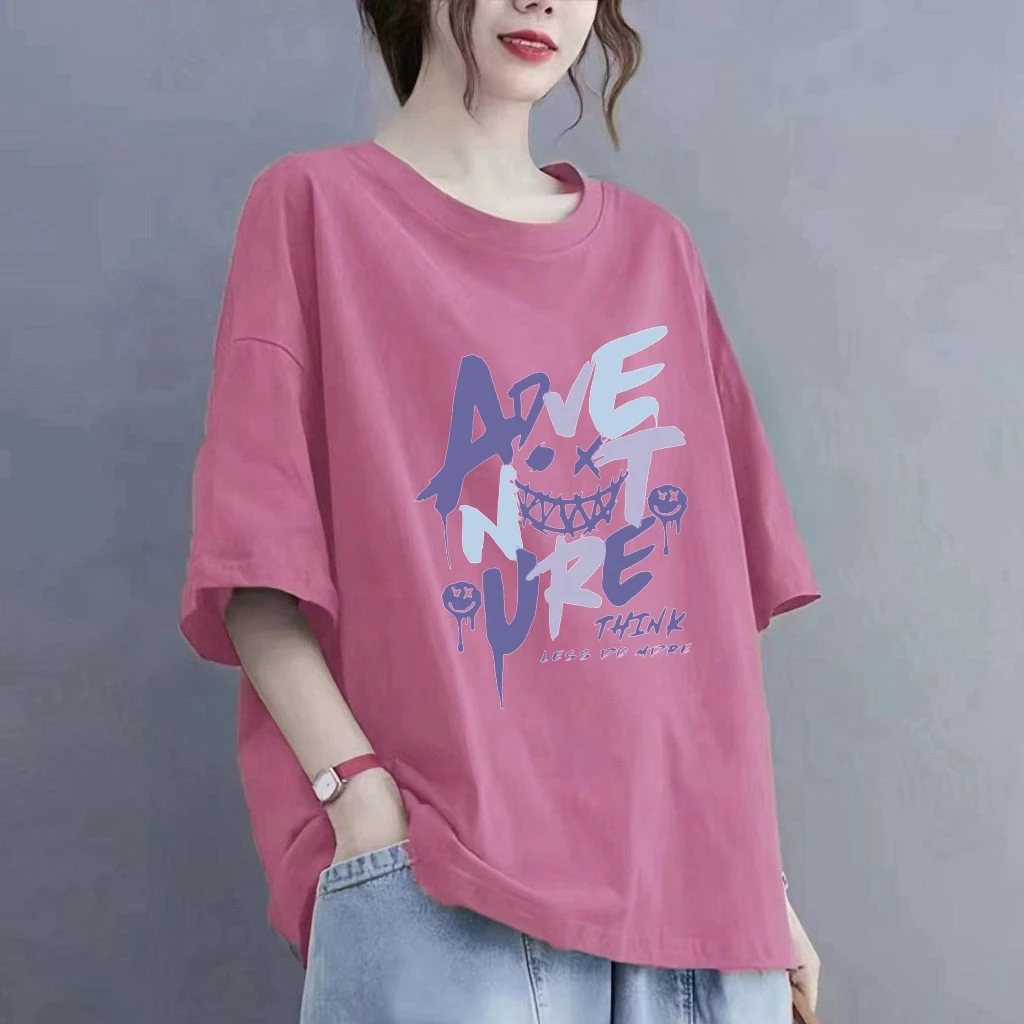 时尚潮牌100%纯棉短袖T恤女2025夏季百搭大码宽松版休闲减龄上衣