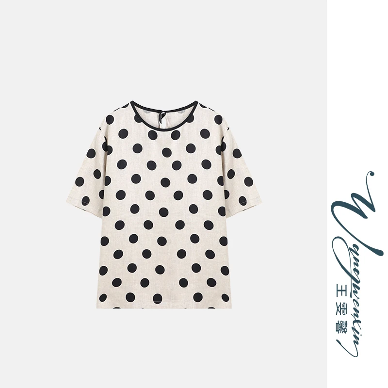 【王雯馨】“骄阳漫步”日系 波点印花 宽松 显瘦百搭 夏季亚麻上衣