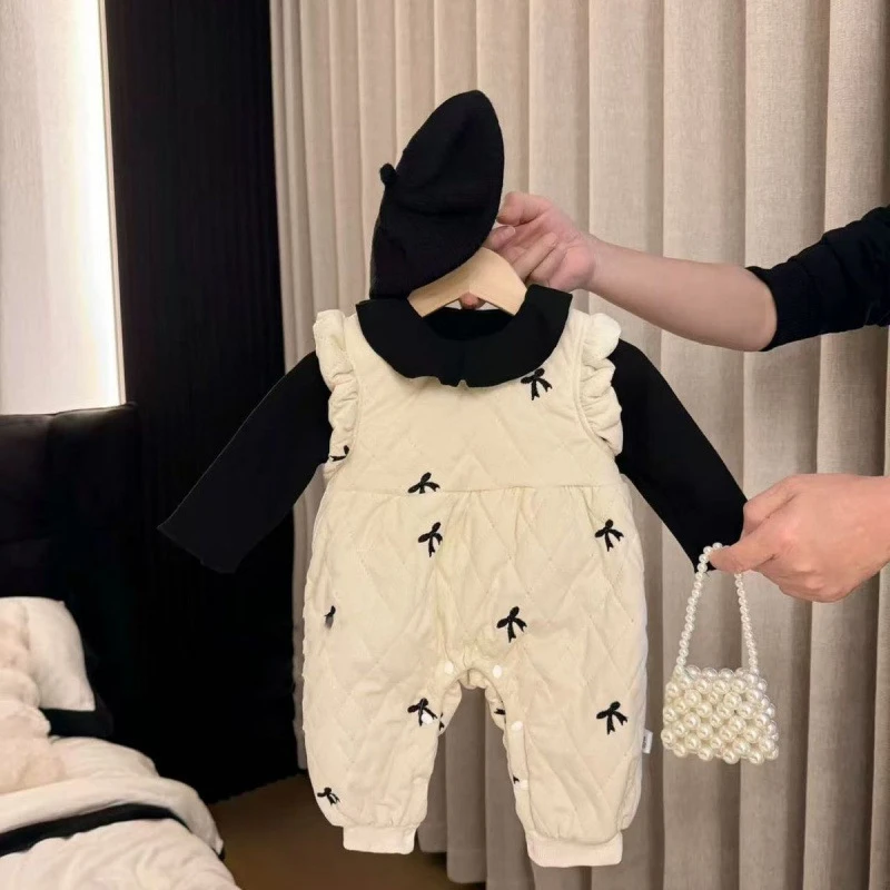 秋冬新款婴儿女宝宝背带套装韩版洋气公主绗棉满月加厚保暖两件套